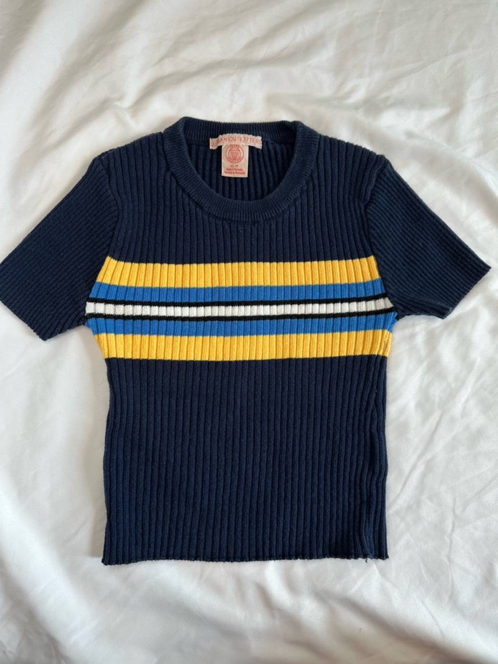 Urban Outfitters Navy Ribbed Tee with Yellow & Blue Stripes